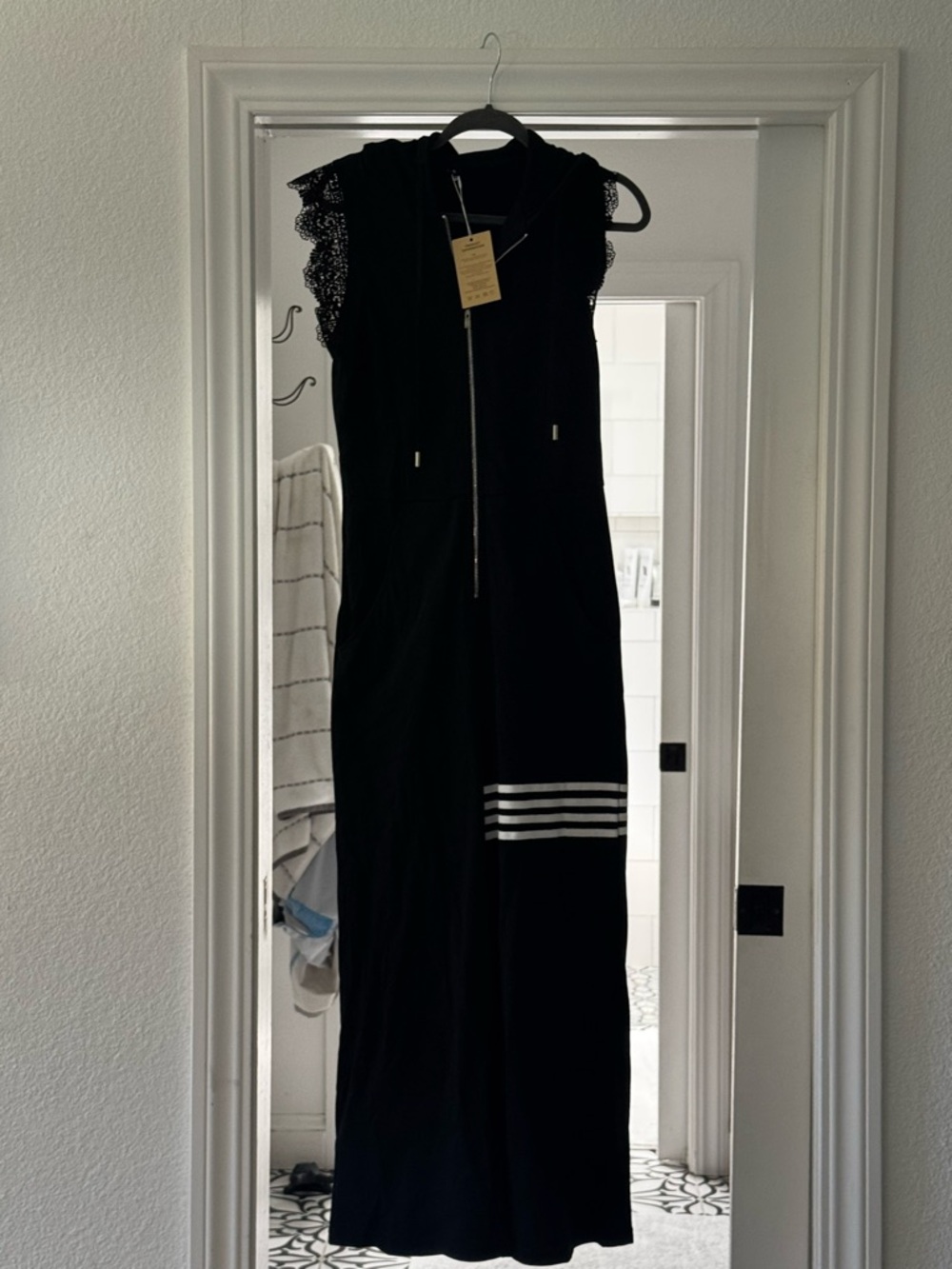 Sleeveless Black Hooded Jumpsuit with Stripe Accent